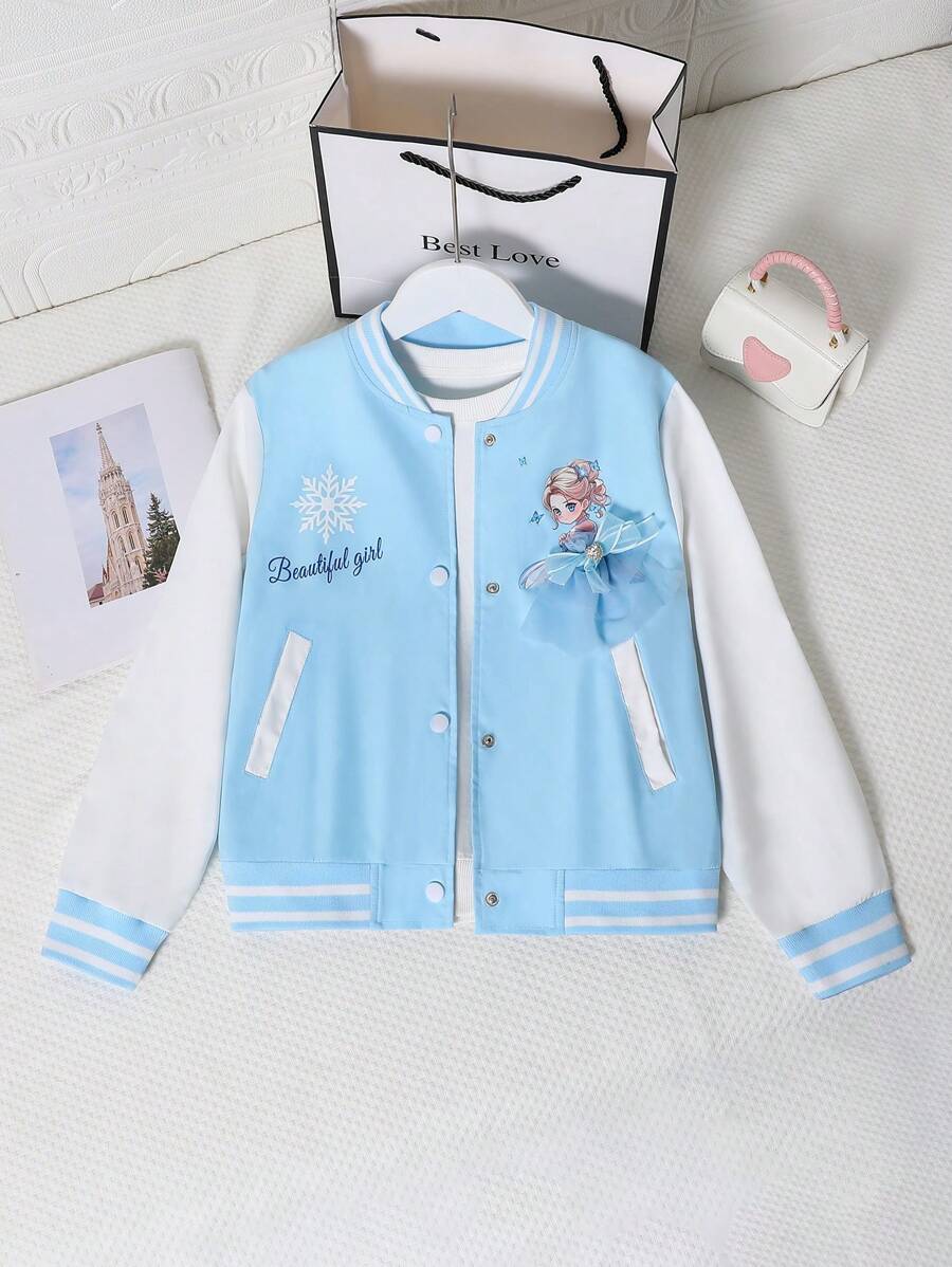 Tween Girls' Casual Cartoon Letter Print Long Sleeve Baseball Jacket, Spring Autumn - Blue - View 1