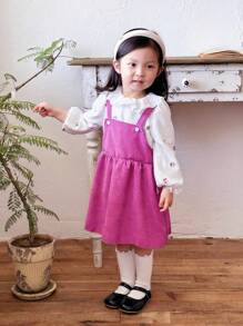 Baby Girls' Lace Hollow Flower Trim Shirt And Corduroy Dungaree Dress Set, Autumn/Winter - Multicolor - View 6