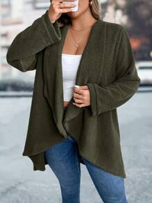 SHEIN LUNE Plus Size Women Solid Color Fluffy Asymmetric Hem Casual Open Front Jacket, Autumn/Winter - Dark Green - View 3