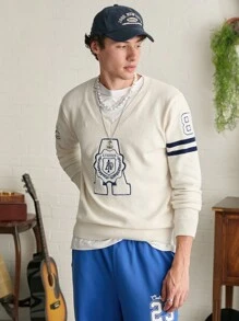 Manfinity EZcore V-Neck Letter Applique & Striped Print Long Sleeve Pullover Sweater - Apricot - View 3