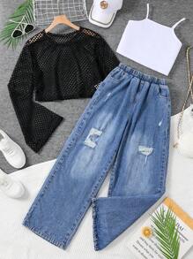 2 件套 Tween 女童纯色镂空长袖上衣和牛仔裤 - 黑色 - 查看 1