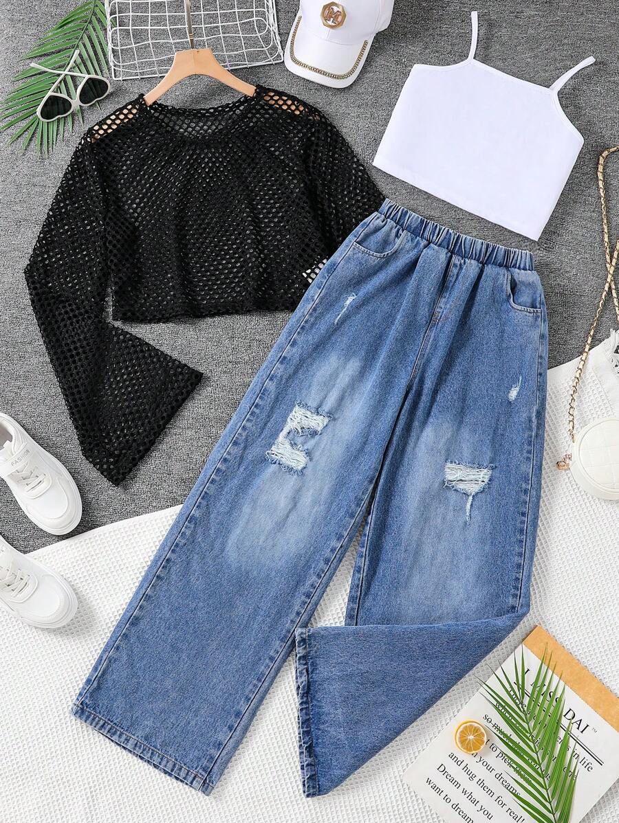 2 件套 Tween 女童纯色镂空长袖上衣和牛仔裤 - 黑色 - 查看 1