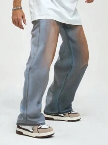 ROMWE MEN Street Life Celana Jeans Pria Kasual Model Lebar dengan Kancing Kontras dan Kantong - Biru - View 1