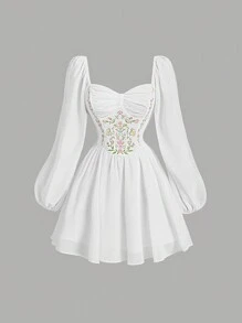 SHEIN MOD Váy trắng nữ có tay, cổ tim, tay áo lồng đèn, ngực nhún, váy thời Phục Hưng, váy nữ mùa thu, váy Mexico - trắng - Xem 1