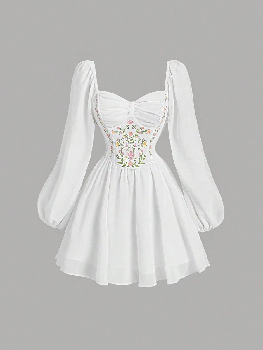 SHEIN MOD Váy trắng nữ có tay, cổ tim, tay áo lồng đèn, ngực nhún, váy thời Phục Hưng, váy nữ mùa thu, váy Mexico - trắng - Xem 1