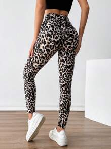 SHEIN Privé 女士时尚豹纹高腰镂空运动紧身裤配蝴蝶结 - 彩色 - 查看 5