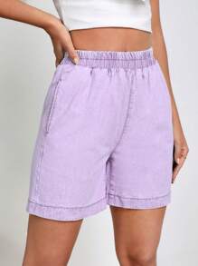 Summer Casual Washed Denim Shorts - Mauve Purple - View 4