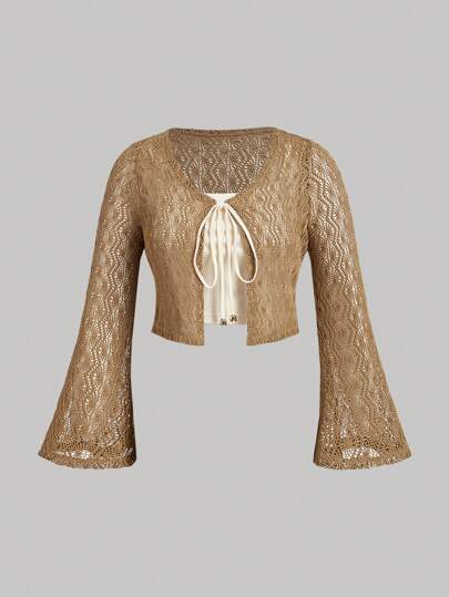 SHEIN MOD 2 件大码女式复古游牧民族长袖系带开衫和背心套装，秋冬