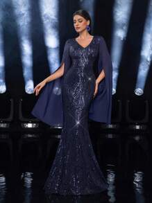 SHEIN Belle Elegant And Gorgeous Dark Blue Quiet Luxury Fine Sequins Sequins Splicing Super Long Sleeves Elegant Fishtail Skirt Suitable For Evening Parties Dating Elegant Ladies Formal Evening Dress, Prom Gown, For Wedding Guest, Graduation, Dinner