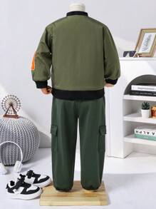 2pcs Young Boys' Streetwear Cartoon Print Jacket And Sweatpants Set, Comfortable And Breathable For Casual, Outdoor, School, Autumn/Winter - Army Green - View 2