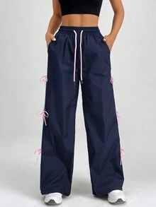 SHEIN PETITE 蝴蝶结装饰女裤 - 藏蓝色 - 查看 3