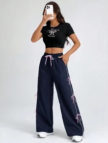 SHEIN PETITE 蝴蝶结装饰女裤 - 藏蓝色 - 查看 6