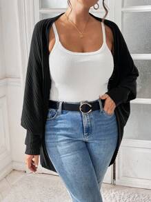 SHEIN Essnce 大码女装秋季新款时尚商务休闲女士外出上衣返校节秋季女装休闲通勤拉绒面料休闲纯色黑色宽松无扣开衫，蝙蝠开衫，超宽松开衫女士开衫 - 黑色 - 查看 6