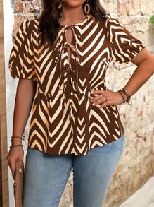 Flirla Plus Size Casual All-Over Print Puff Sleeve Shirt - Coffee Brown - View 1