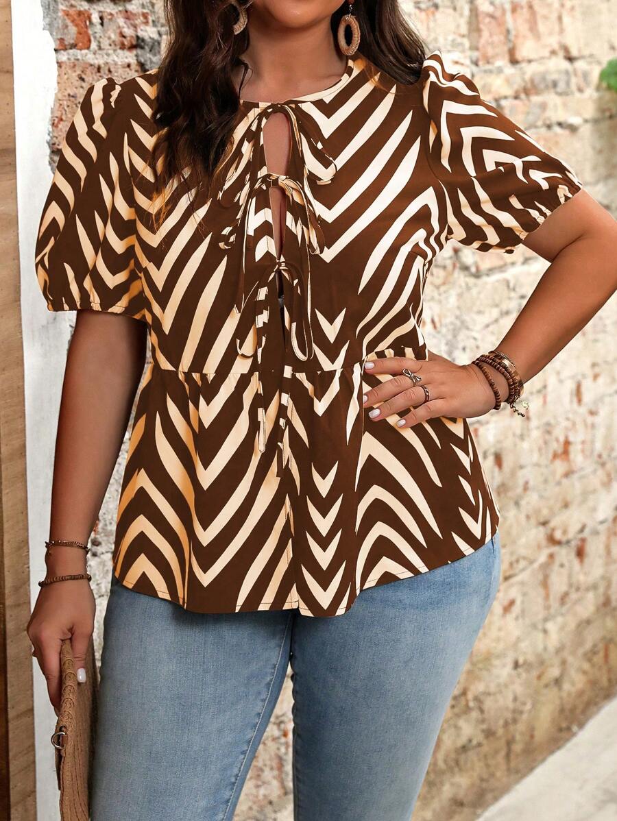 Flirla Plus Size Casual All-Over Print Puff Sleeve Shirt - Coffee Brown - View 1