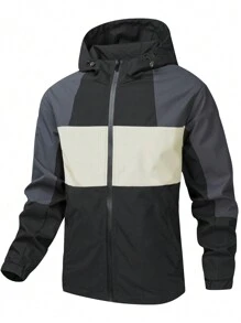 Manfinity Homme Casual Contrast Zipper Closure Long Sleeve Hooded Jacket - Black - View 1