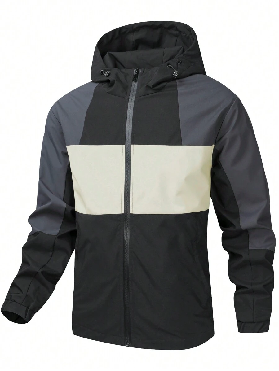 Manfinity Homme Casual Contrast Zipper Closure Long Sleeve Hooded Jacket - Black - View 1