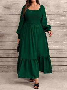 SHEIN LUNE 女式宽松下摆长裙，春/秋，松紧胸围，方领，长袖，纯色，褶皱，A 字形，荷叶边下摆，及踝长度，适合派对和正式场合 - 墨綠色 - 查看 4