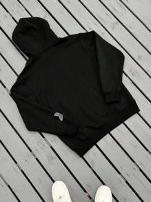 Manfinity Roghcode Plus Size Men's Minimalist Print Hooded Sweatshirt, Long Sleeve - Black - View 2