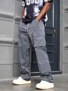PAVTROS Manfinity Streetrush Men's Casual Solid Color Straight Leg Cargo Pants - Grey - View 1