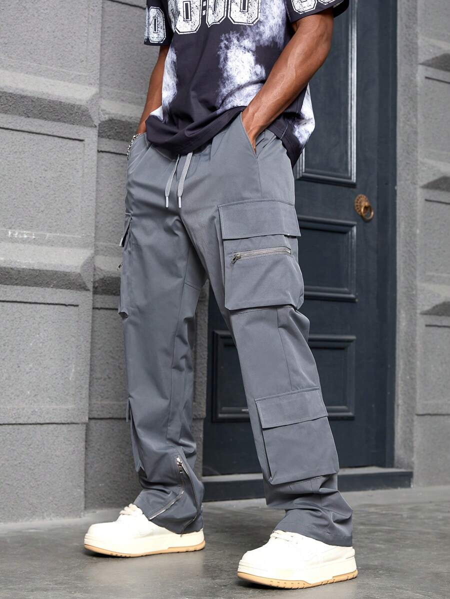 PAVTROS Manfinity Streetrush Men's Casual Solid Color Straight Leg Cargo Pants - Grey - View 1