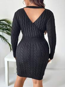 Celure Plus rozmiar Jednolita kolorowa sukienka sweterkowa z dekoltem w kształcie litery V i długim rękawem