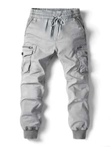 Manfinity Homme Pantalones casuales de cargo con cordón de unicolor para hombre - Gris Claro - Ver 5