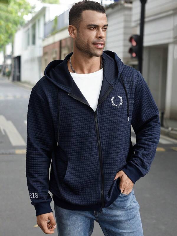 Manfinity Homme Plus Size Men's Spring Autumn Casual Letter Print Navy Blue Zip-Up Hooded Sweatshirt, Going Out Zipper Long Sleeve Hoodie, For Friends, Husband, Boyfriend Gifts