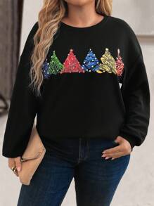 SHEIN LUNE Plus Size Christmas Tree Print Casual Sweatshirt For Fall/Winter Clothes - Black - View 2