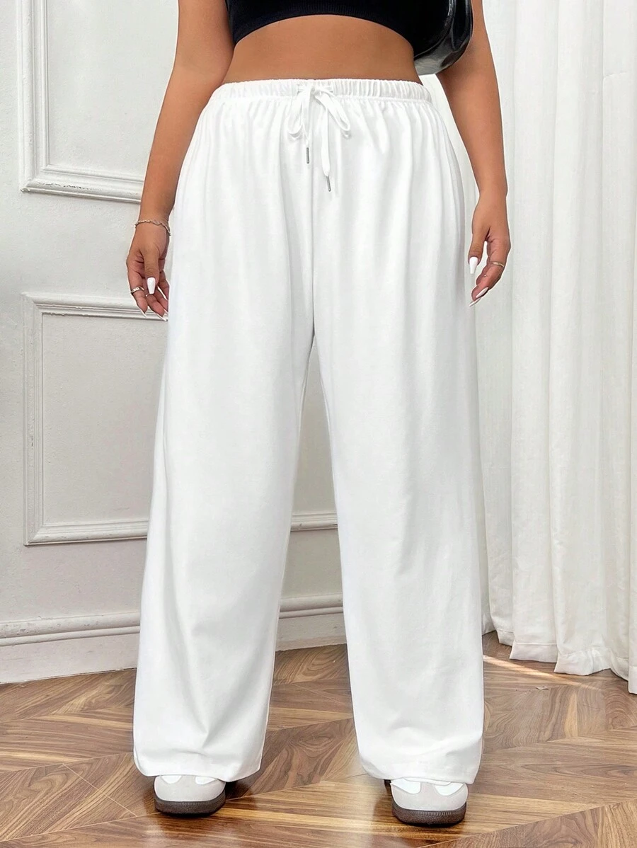 SHEIN EZwear 大码女式纯色抽绳腰阔腿宽松休闲运动裤