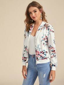 SHEIN LUNE Floral Print Zipper Up Bomber Jacket In Fall/Winter - White - View 2