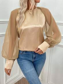 SHEIN Clasi 女士春秋休闲拼色灯笼袖衬衫 - 金色 - 查看 6