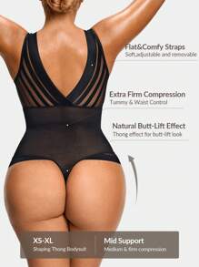 SHAPORA 女士纯色 V 领网眼拼接透视露背无袖连体塑身衣