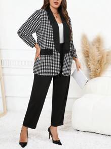 SHEIN Clasi 2 件套加大码黑白千鸟格西装外套和裤子 - 黑與白 - 查看 2