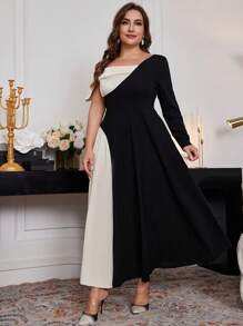 Modelyn Plus Size Black And White Color Block Asymmetric Neck Dress For Women,Elegant Autumn Dinner A Line Maxi Dresses For Evening Party,Wedding Guest Outfit - Multicolor - View 7