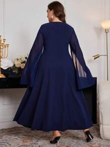 Modelyn 大码优雅纯色 3D 花朵装饰斗篷袖连衣裙，春秋装，优雅奢华派对晚礼服秋冬优雅连衣裙长款女士装长款晚礼服 - 藏蓝色 - 查看 2