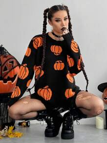 Flirla Funny Pumpkin Pattern Sweater For Halloween