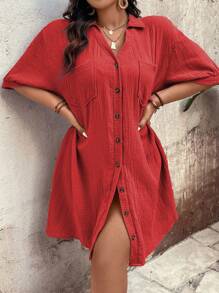 EMERY ROSE Plus Size Women's Solid Color Minimalist Casual Short Sleeve Dress For New Year Clothes - Red - View 6