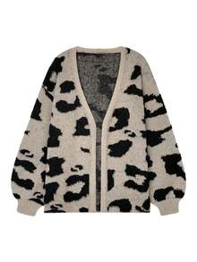 Women's Leopard Print Dropped Shoulder Long Sleeve Loose Casual Knit Cardigan - Multicolor - View 3