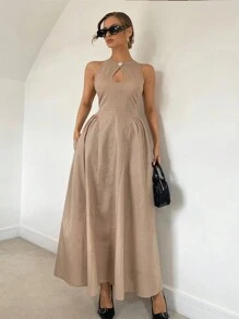 Siren Gaze 女士亚麻色镂空前收腰 A 字形侧褶连衣裙 - 杏色 - 查看 8