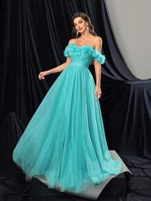 Princess Style Premium One Shoulder High Slit Blue Green Women Gown Dresses For Formal Banquet - Green - View 5