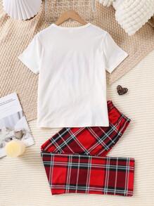 2 件套 Tween Girl 格子裤和心形印花短袖上衣休闲家居服套装，阻燃 - 彩色 - 查看 2