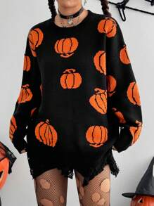 Flirla Funny Pumpkin Pattern Sweater For Halloween