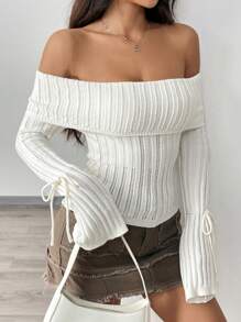 Flirla Versatile Off Shoulder Knitted Sweater, Fall Winter - Apricot - View 3