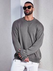 Manfinity Homme Sweater Kasual Pria Ukuran Besar Warna Polos dengan Bahu Longgar, Sweater Abu-abu Musim Semi dan Gugur - Grey - View 3