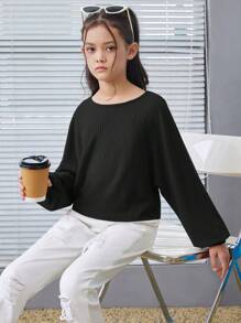 SHEIN Leap Crew Tween Girl 罗纹针织宽松复古短款长袖 T 恤 - 黑色 - 查看 2