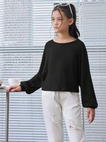 SHEIN Leap Crew Tween Girl 罗纹针织宽松复古短款长袖 T 恤 - 黑色 - 查看 3
