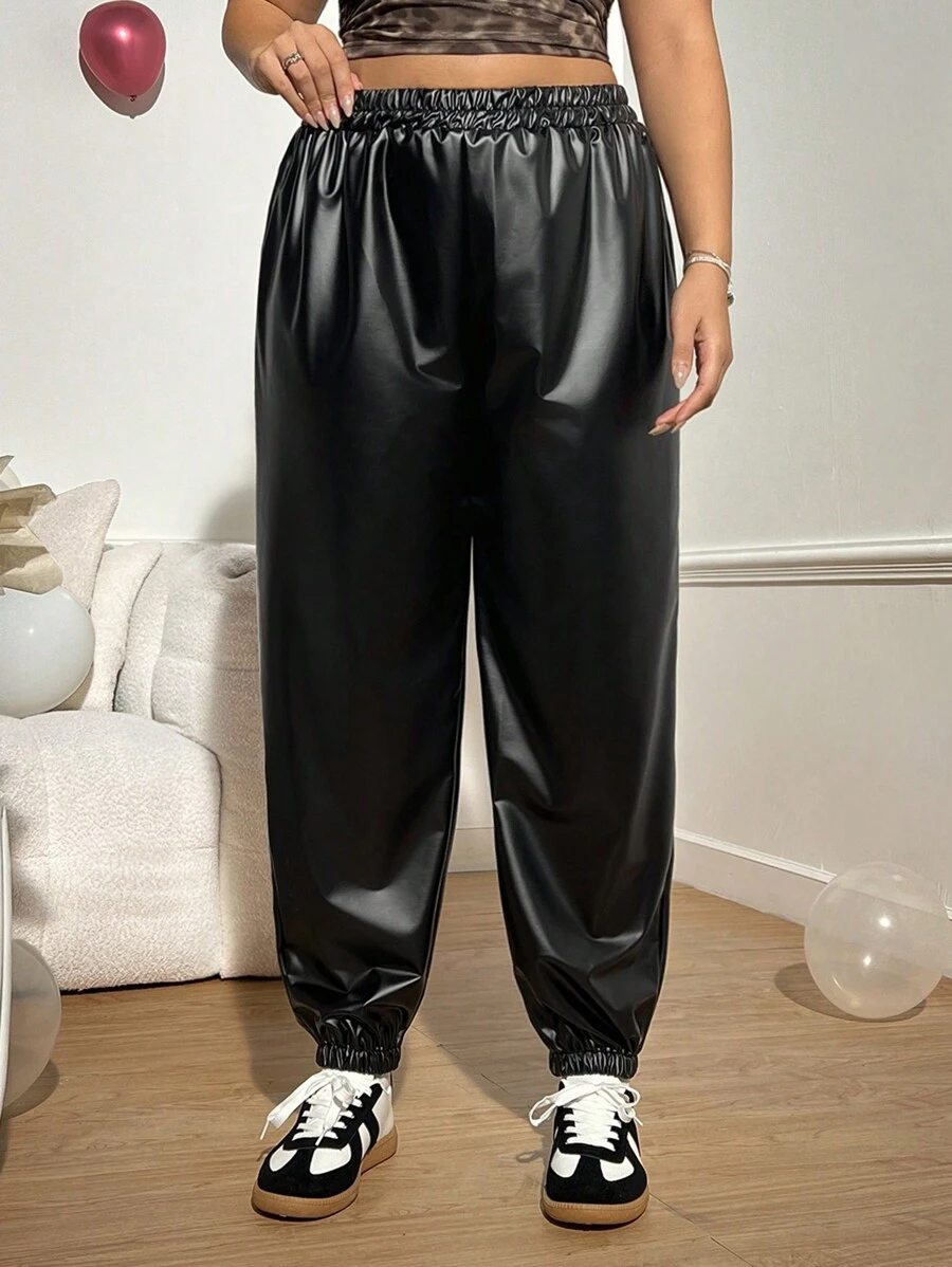 SHEIN EZwear Plus Size Fashionable Elastic Waist PU Jogger Pants For Early Autumn - Black - View 1