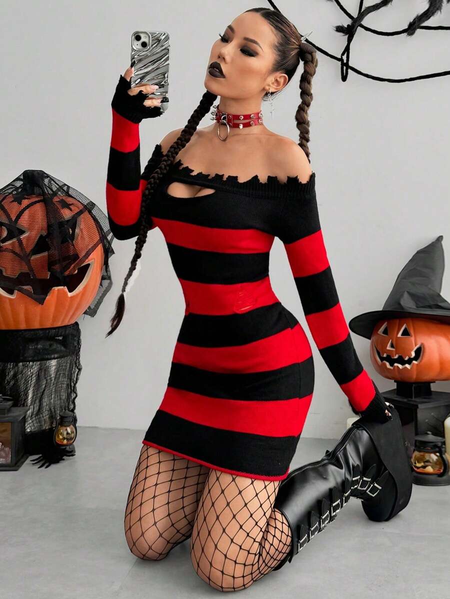 Flirla 万圣节双色条纹露肩紧身毛衣连衣裙 - 彩色 - 查看 1