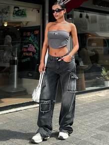 EURMUSE Women's Button Belt Loops Fashion Mid-Rise Raw Edge Three-Dimensional Pocket Wide-Leg Overalls - Dark Grey - View 1